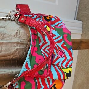 Coach Poppy Graffiti Nylon Crossbody Hobo Bag Red Patent Trim Green Red Pink SHW